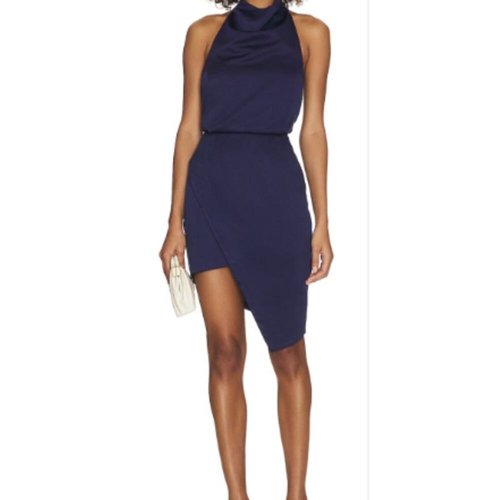 Elliatt Camo Dress Womens Size M Asymmetric Satin Cocktail‎ Navy Blue Evening